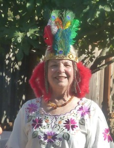 Lennie wearing headdress at Book Launch Party Oct. 2015