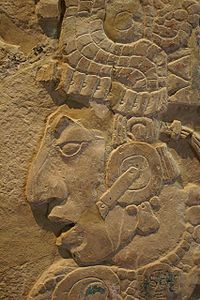Photo of stone carving of Kan Bahlam II, Temple XVII Tablet